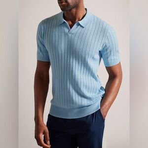 Men Ted Baker Sky Blue Knit Stipes Polo - Size 4 (large)